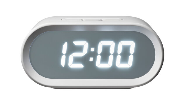 Modern white digital alarm clock displaying 12 00, isolated on transparent background