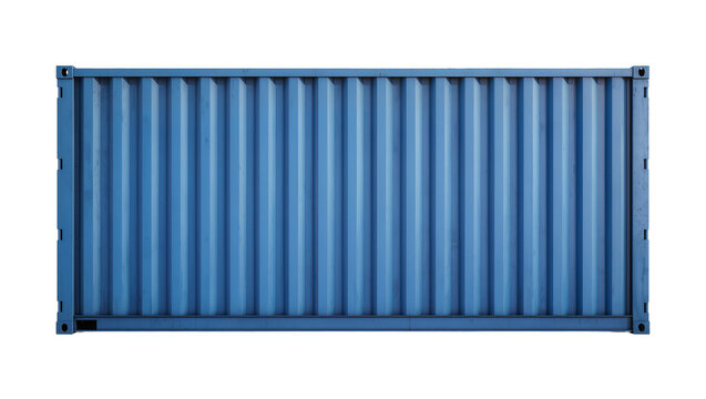 Blue corrugated metal shipping container, isolated on transparent background
