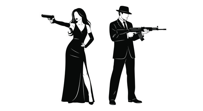 Silhouette illustration of secret agent couple standing in style holding powerful weapons including a pistol and a rifle.