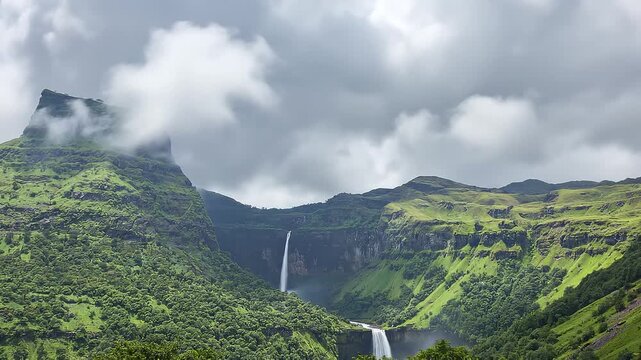 Timelapse of Nanemachi waterfall and moving clouds, Mahad, Maharashtra.