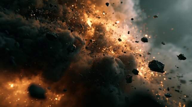 Explosion Smoke and Fire Particles Background with Dramatic War Zone Atmosphere and Copy Space. Abstract banner for military operations, catastrophes, war games, ads with copy space. 