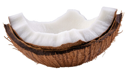 Obraz premium Cracked coconut half with white flesh and brown husk, isolated on transparent background