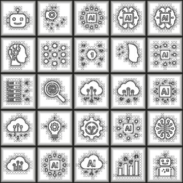 A set of 25 black and white vector icons representing artificial intelligence, machine learning, cloud computing, and big data concepts inside a structured geometric grid.