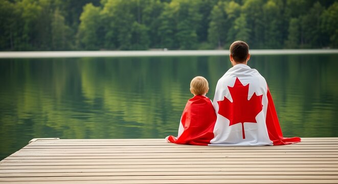 Happy canada day father and son view lakeside with canadian flag