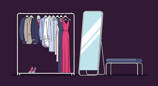 Dressing room interior featuring clothes hanging on a rack with formal suits and dresses next to a standing tall mirror.