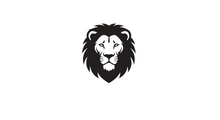 Fototapeta premium Strong male lion head with a full dark mane in a simple black silhouette style, facing forward on a white background.