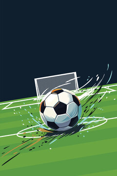 Soccer tournament promotion poster vertical template with spinning ball at the middle of field have blank space.