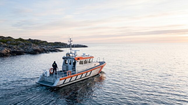 Patrol Boat Near Rocky Coast at Sunset for US Coast Guard Day Maritime Safety Service Tribute