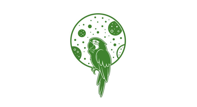 Green parrot perched on circular branch design.