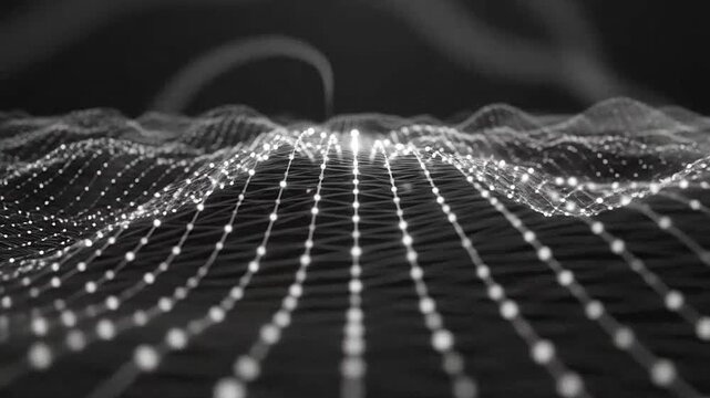 A digital abstract background featuring a glowing white wireframe mesh surface
