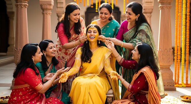 Joyful Indian Bride Celebrating Haldi Ceremony with Women in Decorated Courtyard