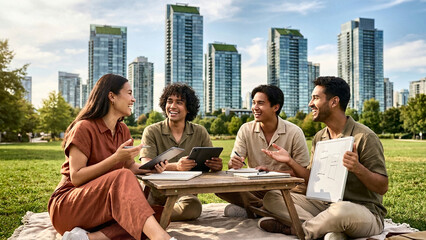 Fototapeta premium Friends Sharing Laughter and Snacks Outdoors