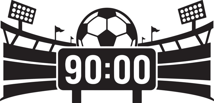 Soccer match ending clock showing 90 minutes in stadium setting with flags and floodlights Vector