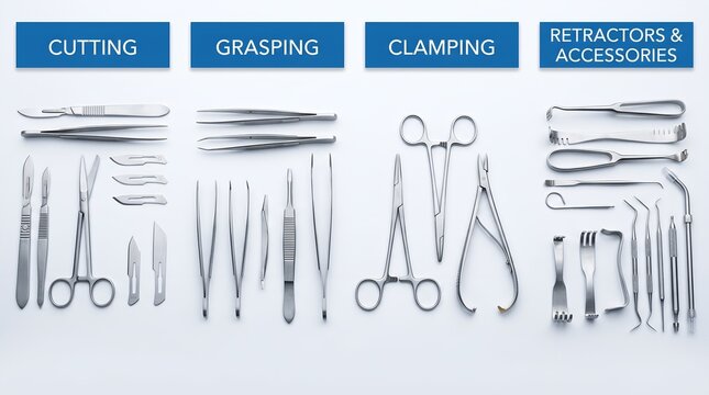 Surgical instruments on white background, including cutting, grasping, clamping tools and retractors