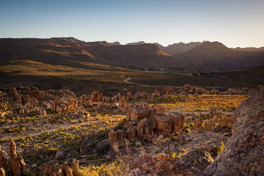 Rocky valley landscape at sunrise Cederberg Mountains