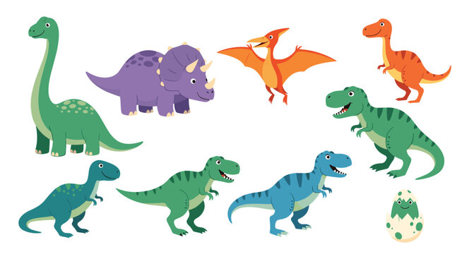 Set of cute colorful cartoon dinosaurs including Tyrannosaurus Rex, Triceratops, and Pterodactyl on a white background.