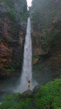 Java Island Indonesia Beautiful Vertical Landscape Featuring Kapas Biru Waterfall and Canyon
