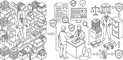 Fototapeta premium Corporate business document maze, legal compliance audit, paperwork strategy and data security workflow concept, line art illustration