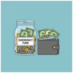 Jar of Emergency Fund and Wallet Full of Money. © visual