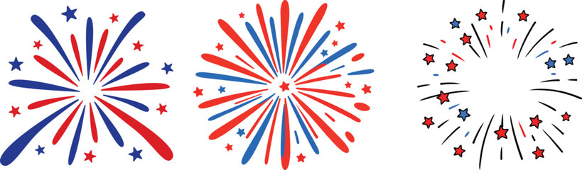 Fototapeta premium Collection of decorative fireworks bursts in patriotic colors for independence day designs with fireworks patriotic independence celebration pyrotechnics 