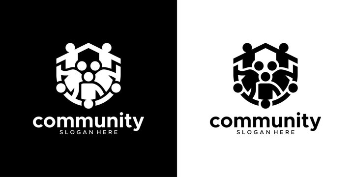 Modern vector logo illustration showcasing abstract human figures forming a unified group within a hexagonal design, symbolizing connection, teamwork, and a strong social community network