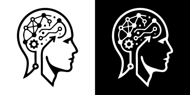 Two robotic human heads facing right with mechanical brains