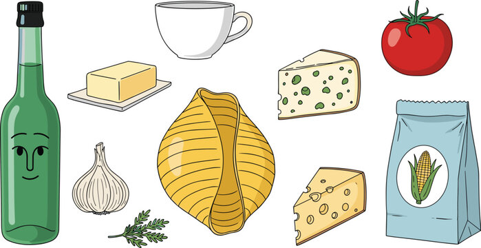 Italian pasta ingredients vector illustration set with shell conchiglie cheese tomato garlic butter olive oil and flour for recipe cooking culinary design.