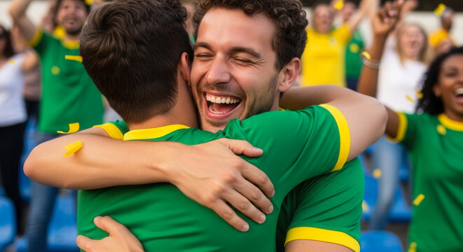 Excited Brazilian men hugging for football goal celebration in stadium, team victory and sports fandom