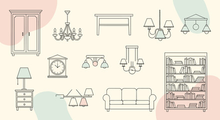 Fototapeta premium Collection of classic modern furniture and decorative lighting fixtures line art icons isolated on a soft cream background.