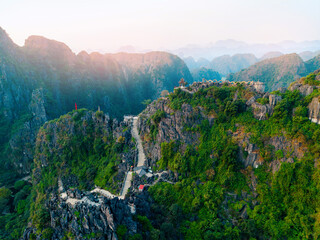 Scenic view of mua cave mountain steps and limestone karsts in Ninh Binh, Vietnam