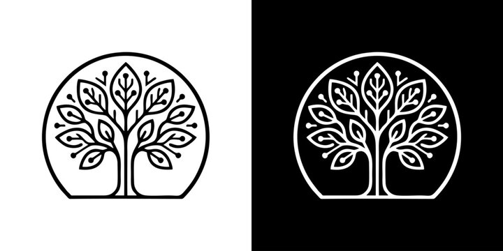 Minimalist tree line art logo set in black and white circle frames for nature growth and eco-branding elements