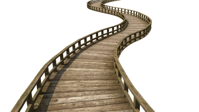 Weathered wooden boardwalk with railings, winding path isolated on transparent background