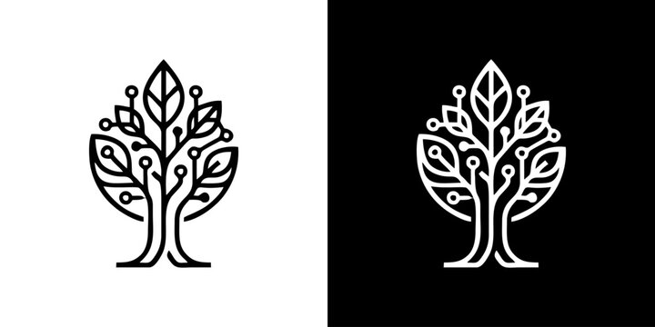 Minimalist geometric leaf logo merging natural foliage with electronic circuit board lines representing green technology and bio innovation