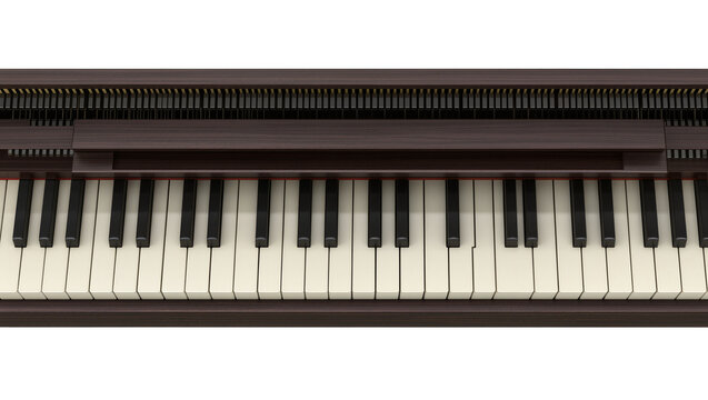 Dark wood digital piano keyboard with ivory and ebony keys, isolated on transparent background