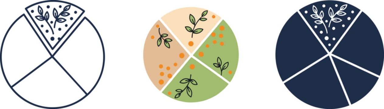 Pizza or pie chart circle diagram icons vector illustration set with leaves and botanical details for business infographics restaurant menu design.