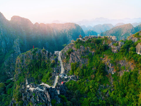 Scenic view of mua cave mountain steps and limestone karsts in Ninh Binh, Vietnam