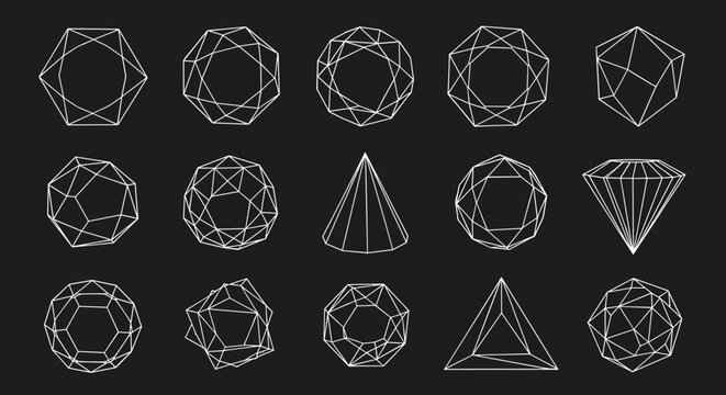 Grid of white geometric wireframe shapes including spheres, cones, prisms, and pyramids on a solid dark gray background.