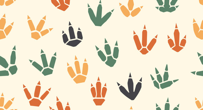 Dinosaur footprint tracks seamless pattern with green, orange, and gray footprints on a light cream background for kids fabric.