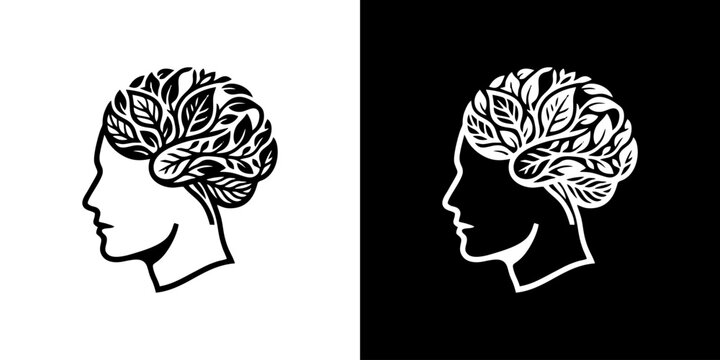 Human profile head silhouette with foliage brain representing mental health and ecology logo