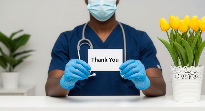 African American doctor holding thank you card, wearing mask and gloves in clinic, showing gratitude and appreciation for healthcare workers