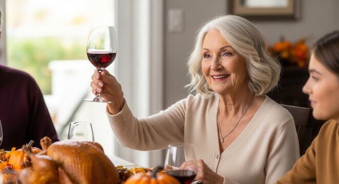 Smiling senior Caucasian woman raising wine glass, Thanksgiving toast moment with family celebration and holiday gratitude