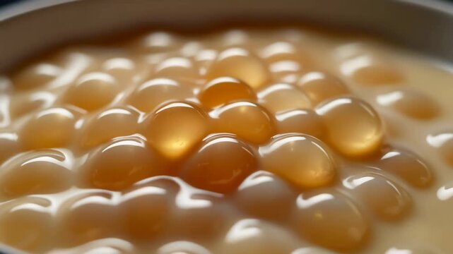 Cinematic macro close-up of tapioca pearls in milk