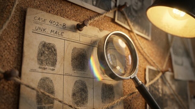 Close-up of a detective's cork board featuring fingerprint evidence, case notes, and a magnifying glass under a warm lamp, evoking mystery and investigation.