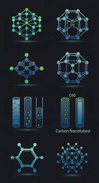 Glowing Scientific Molecular Structures and Carbon Nanotube Diagrams on Dark Background