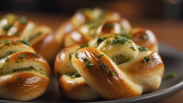 Cinematic macro close-up of freshly baked soft pretzels with coarse salt topping
