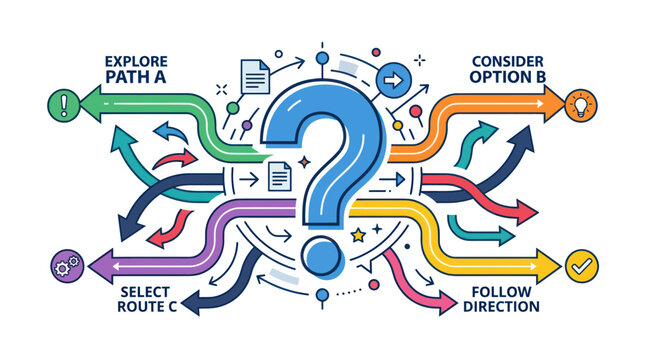 Decision Making Concept: Question Mark with Multiple Paths and Arrows Showing Choices