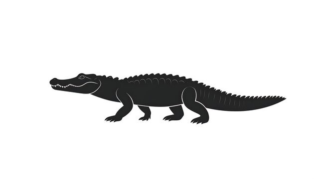 Black Crocodile Silhouette Resting in Side View on White Background