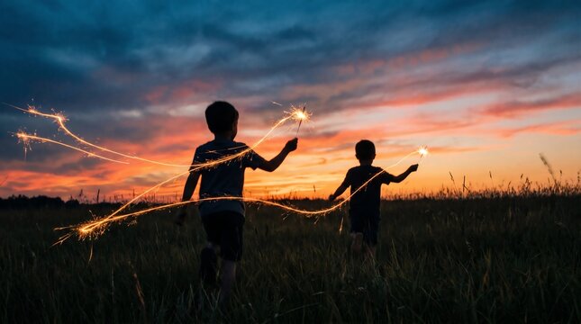 Two children creating magical light trails with sparklers in a golden field during a vibrant sunset, celebrating childhood joy and freedom