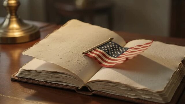 Premium 4K Cinematic Still Life of Small American Flag on Open Vintage Book on Desk with Warm Interior Lighting for Patriotic Concept