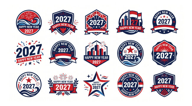 Happy new year 2027 celebration badge collection with indonesian inspired themes indonesia celebration national fireworks greeting illustration patriotic typography collection